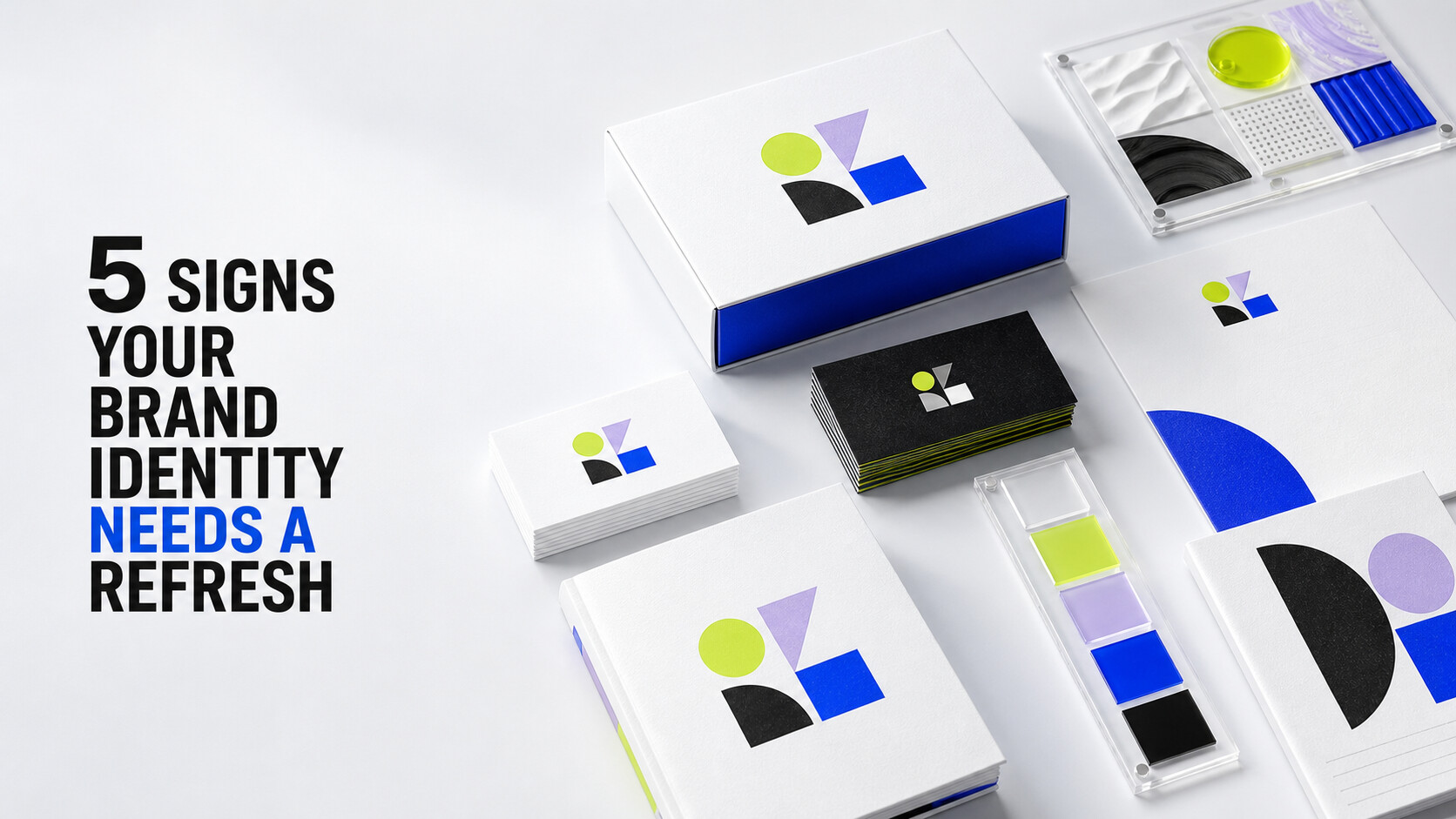 5 Signs Your Brand Identity Needs a Refresh — brand identity system mockup with packaging, business cards, and color swatches