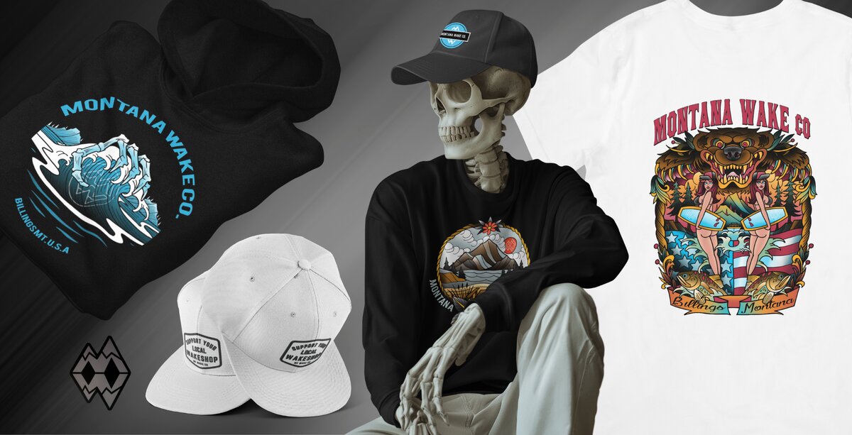 Montana Wake Co. branded apparel — hoodies, hats, and t-shirts designed by Shway Life Studios