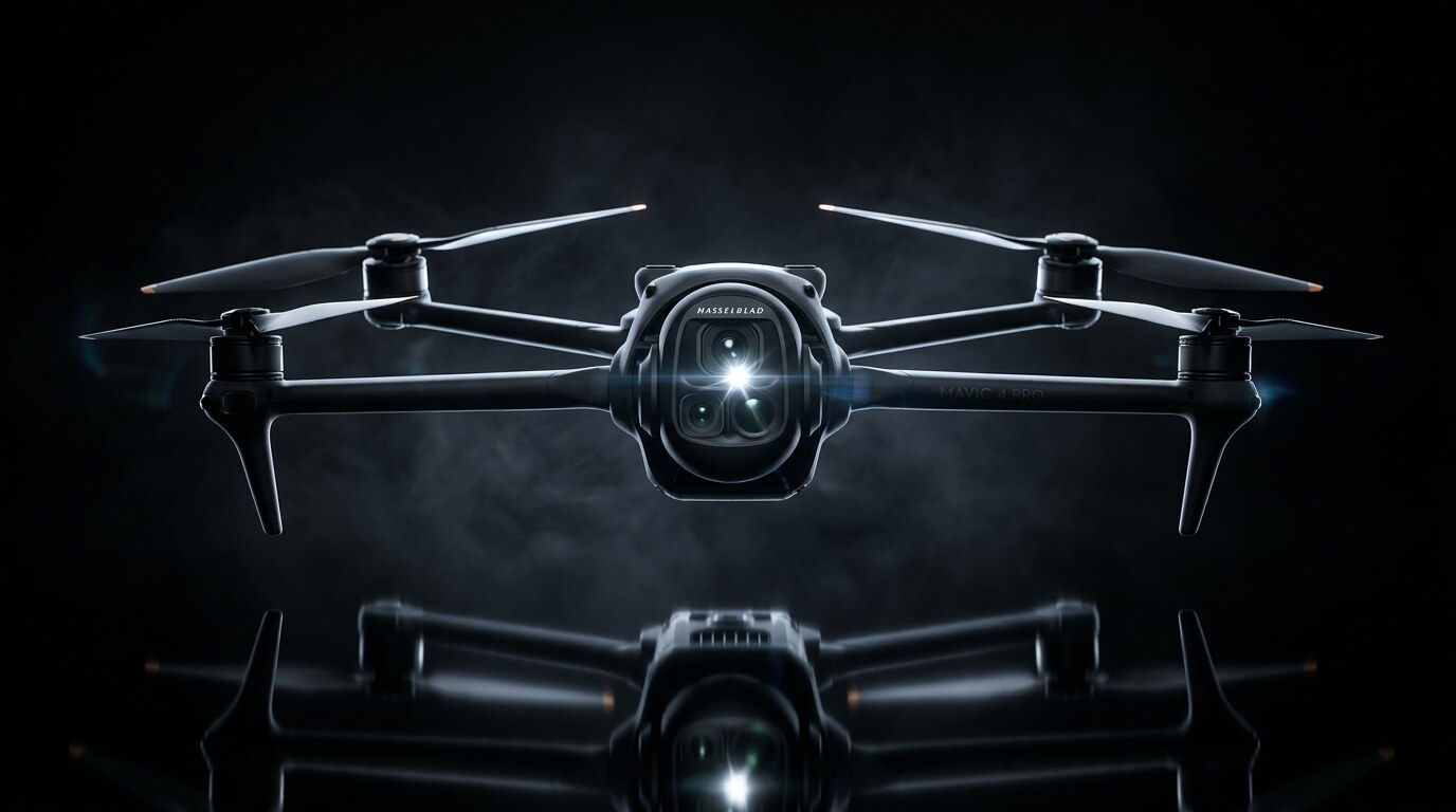 DJI drone with foldable rotor arms and gimbal camera floating in dramatic dark studio lighting, representing Shway Life Studios' drone aerial services