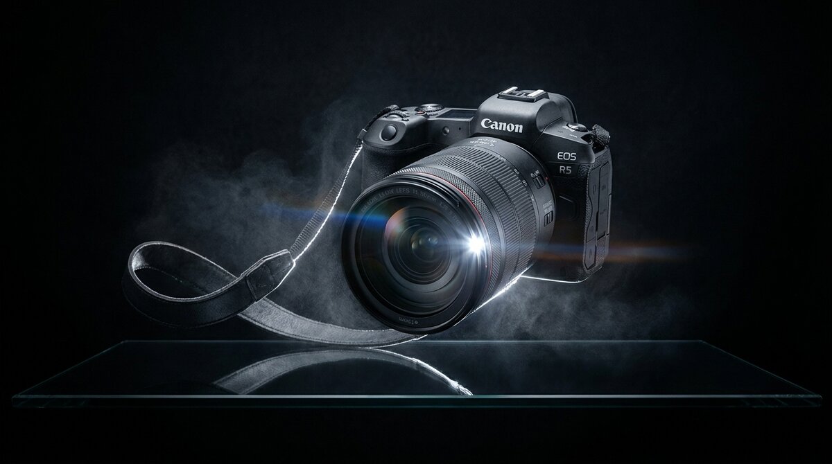 Professional mirrorless camera in dramatic studio lighting, representing Shway Life Studios' photo and video production services