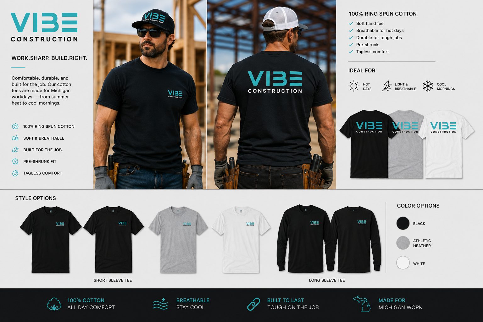 VIBE Construction branded tee options