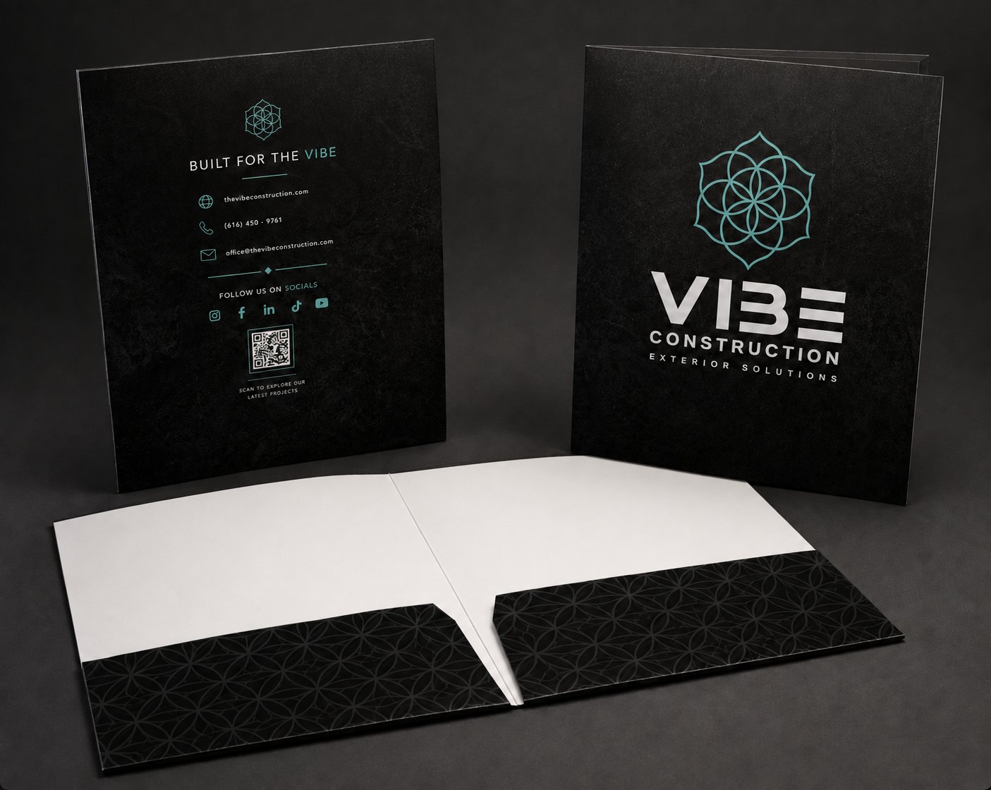 VIBE Construction pocket folder, front, back and open