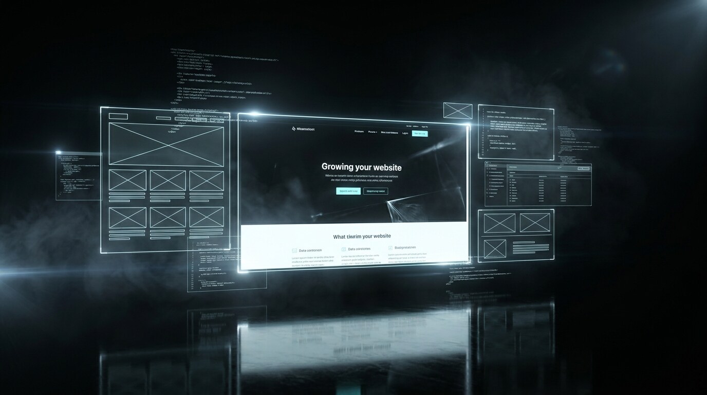 Holographic wireframe layouts, code, and a finished website mockup floating together in dramatic dark studio lighting, representing Shway Life Studios' website design and development services
